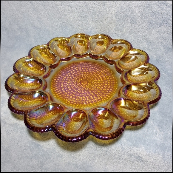 Vintage Iridescent Marigold Carnival Glass Deviled Egg Server - Picture 2 of 7